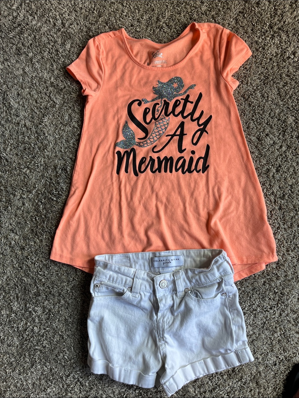 White shortscwith Kids 'Secretly A Mermaid' Short Sleeve Tee - Coral